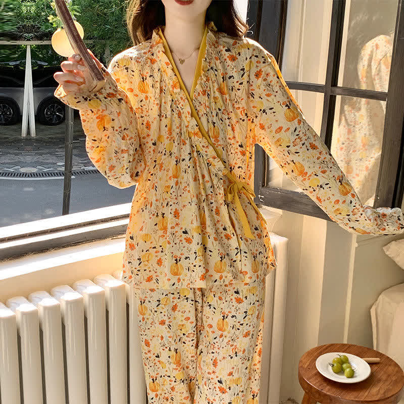 Ruffled Neck Yellow Floral Pajama Set