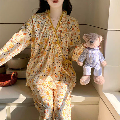 Ruffled Neck Yellow Floral Pajama Set