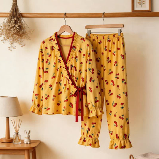 Ruffled Neck Cherry Print Pajama Set