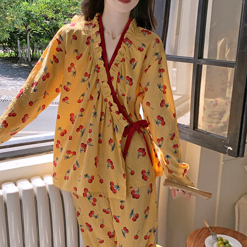 Ruffled Neck Cherry Print Pajama Set