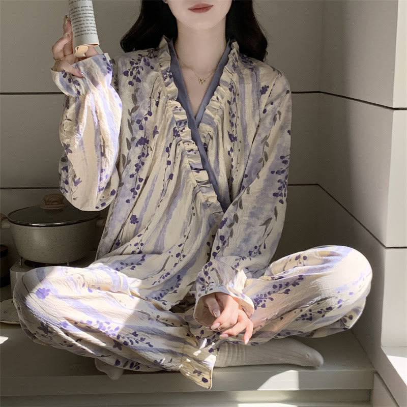 Ruffled Neck Purple Floral Pajama Set