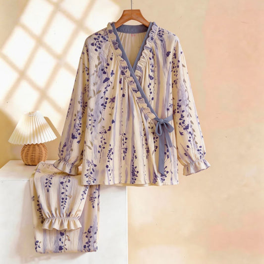 Ruffled Neck Purple Floral Pajama Set