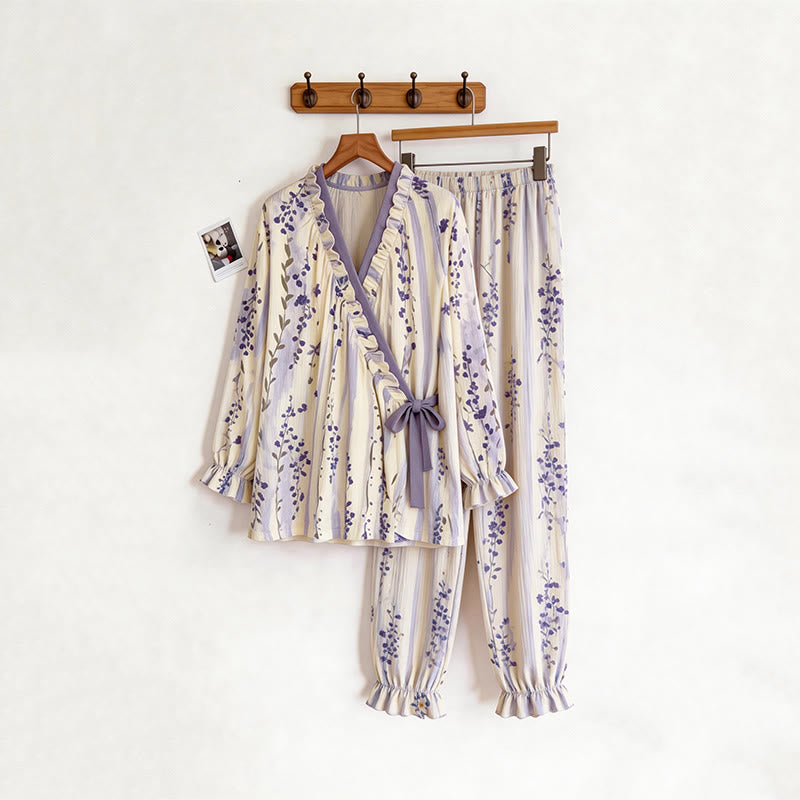 Ruffled Neck Purple Floral Pajama Set