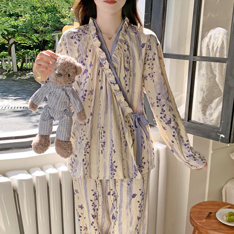 Ruffled Neck Purple Floral Pajama Set