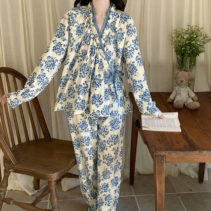 Ruffled Neck Blue Floral Pajama Set