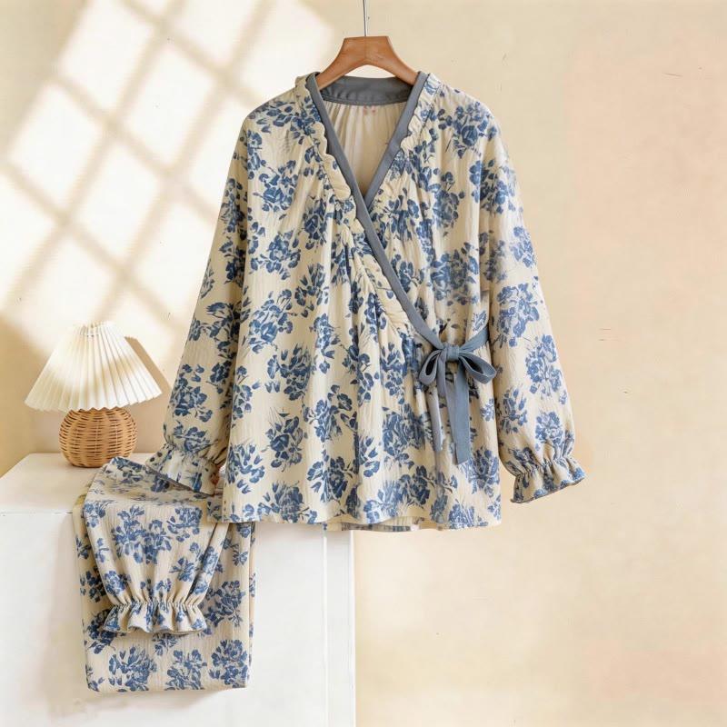 Ruffled Neck Blue Floral Pajama Set