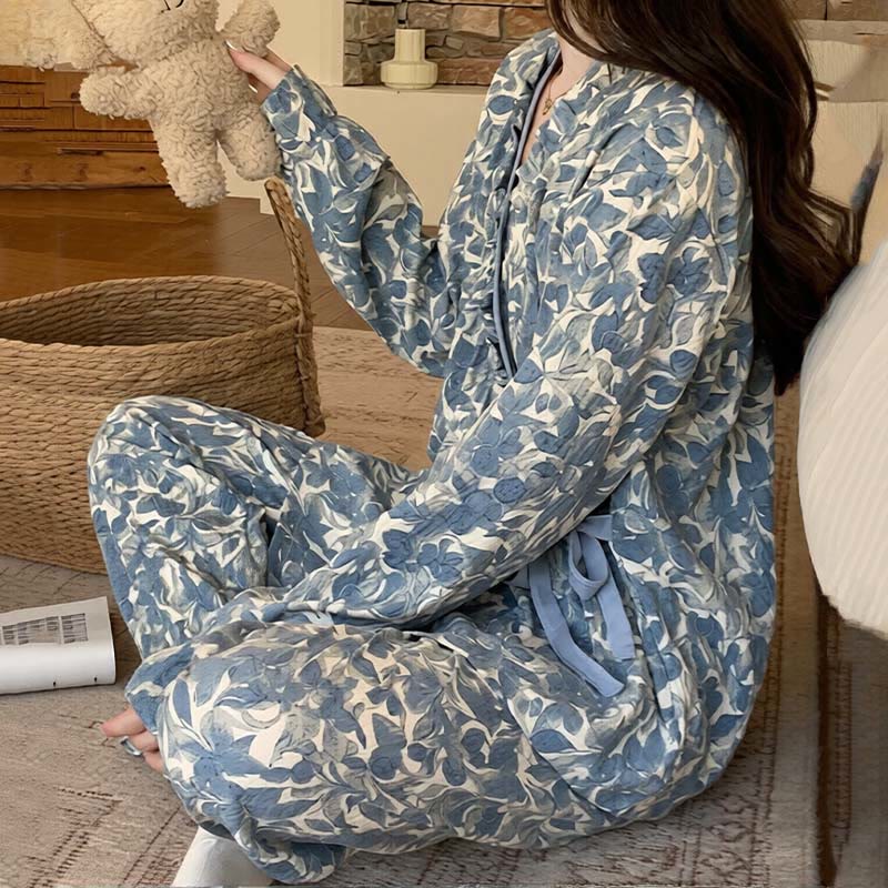 Ruffled Neck Blue Artistic Pajama Set
