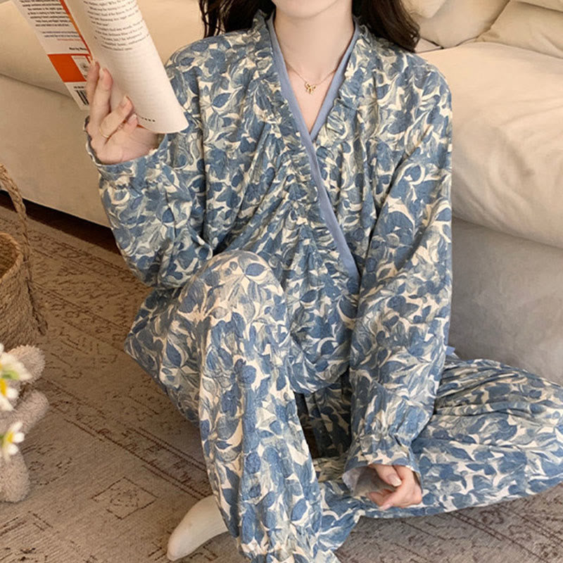 Ruffled Neck Blue Artistic Pajama Set