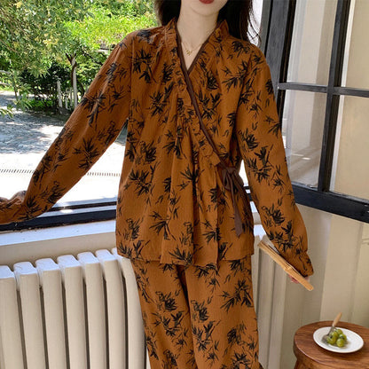 Ruffled Neck Leaf Print Pajama Set