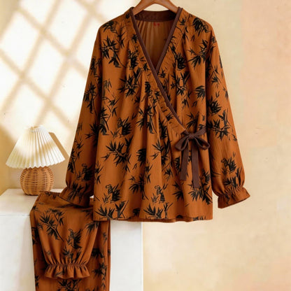 Ruffled Neck Leaf Print Pajama Set