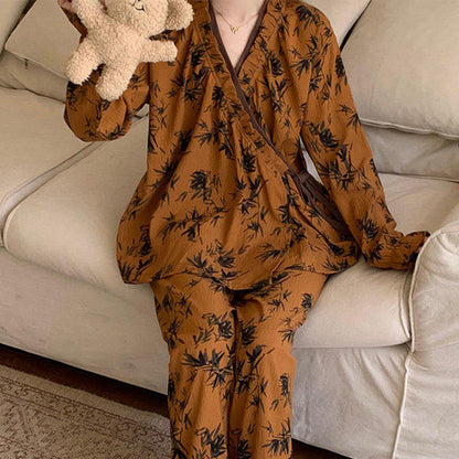 Ruffled Neck Leaf Print Pajama Set