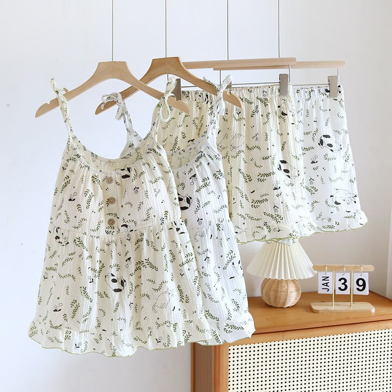 Cat & Leaf Pure Cotton Sleeveless Pajamas