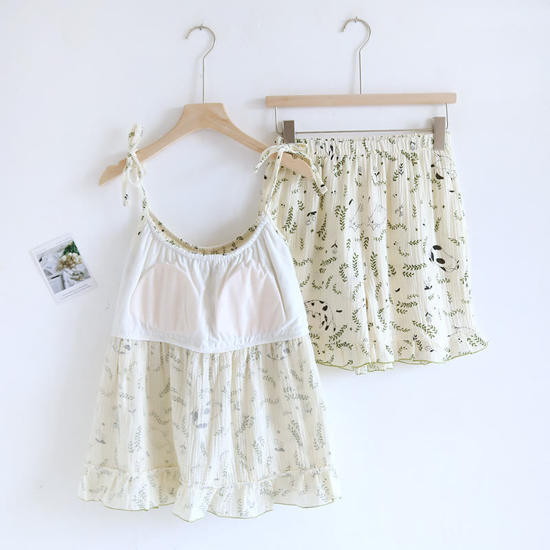 Cat & Leaf Pure Cotton Sleeveless Pajamas