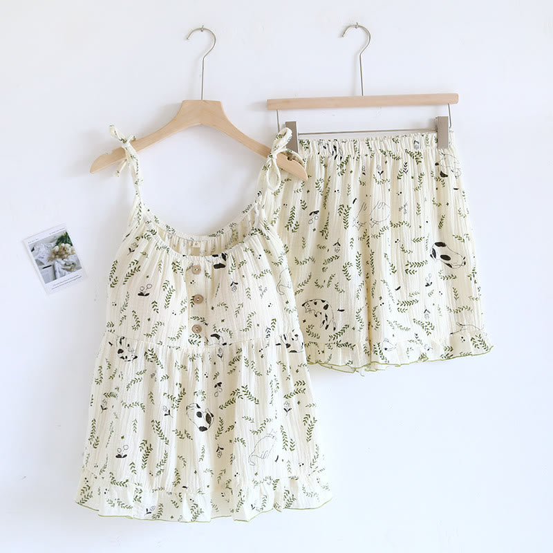 Cat & Leaf Pure Cotton Sleeveless Pajamas