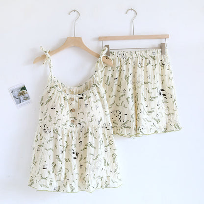 Cat & Leaf Pure Cotton Sleeveless Pajamas