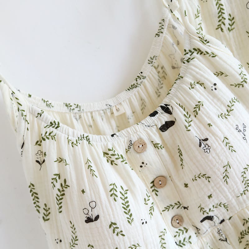 Cat & Leaf Pure Cotton Sleeveless Pajamas