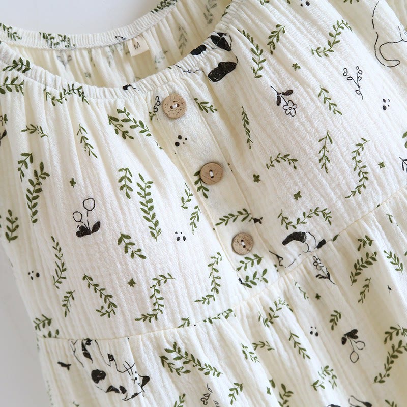 Cat & Leaf Pure Cotton Sleeveless Pajamas