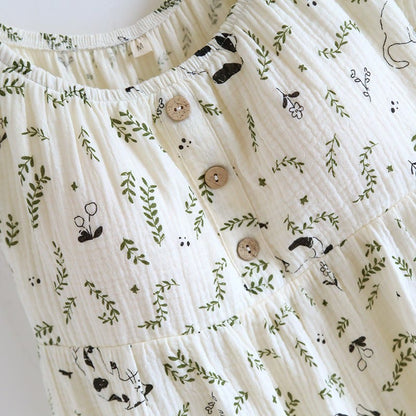 Cat & Leaf Pure Cotton Sleeveless Pajamas