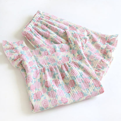 Romantic Floral Cotton Gauze Sleeveless Pajamas