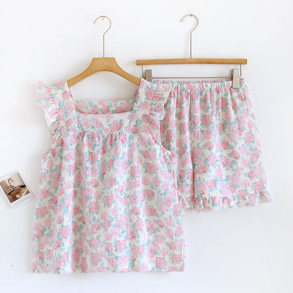 Romantic Floral Cotton Gauze Sleeveless Pajamas