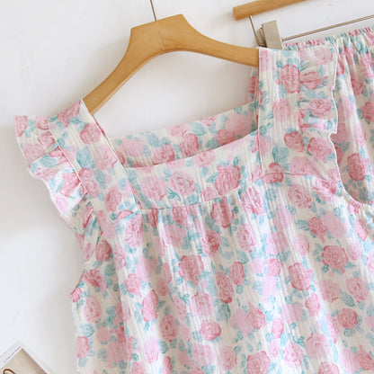 Romantic Floral Cotton Gauze Sleeveless Pajamas