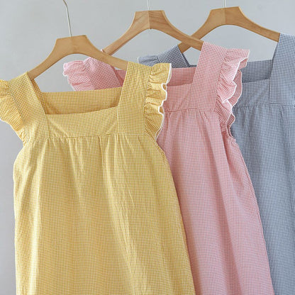 Gingham Flutter Sleeve Cotton Nightgown