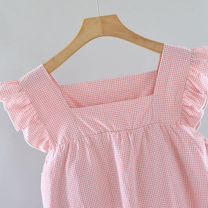 Gingham Flutter Sleeve Cotton Nightgown
