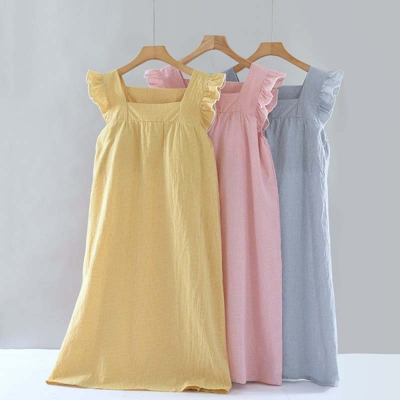 Gingham Flutter Sleeve Cotton Nightgown