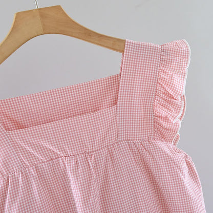Gingham Flutter Sleeve Cotton Nightgown
