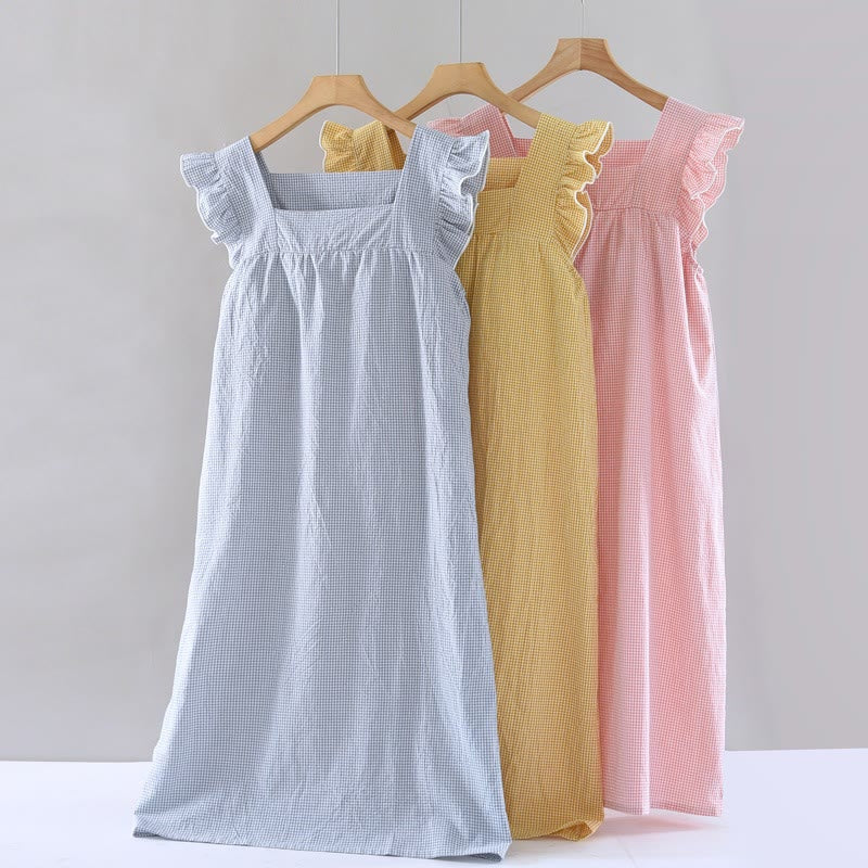 Gingham Flutter Sleeve Cotton Nightgown
