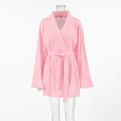 Heart Print Ruffle Knit Pajama Robe