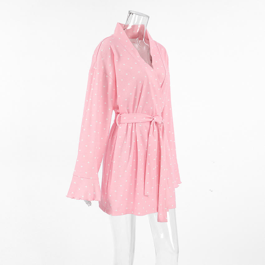 Heart Print Ruffle Knit Pajama Robe