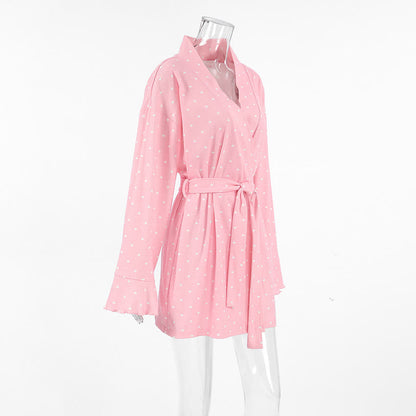 Heart Print Ruffle Knit Pajama Robe