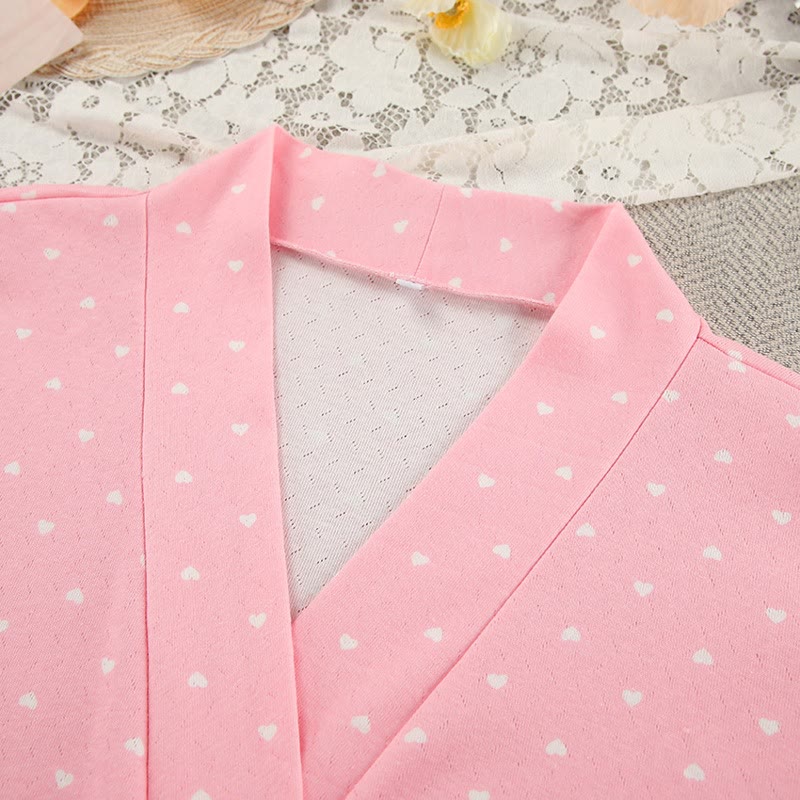 Heart Print Ruffle Knit Pajama Robe