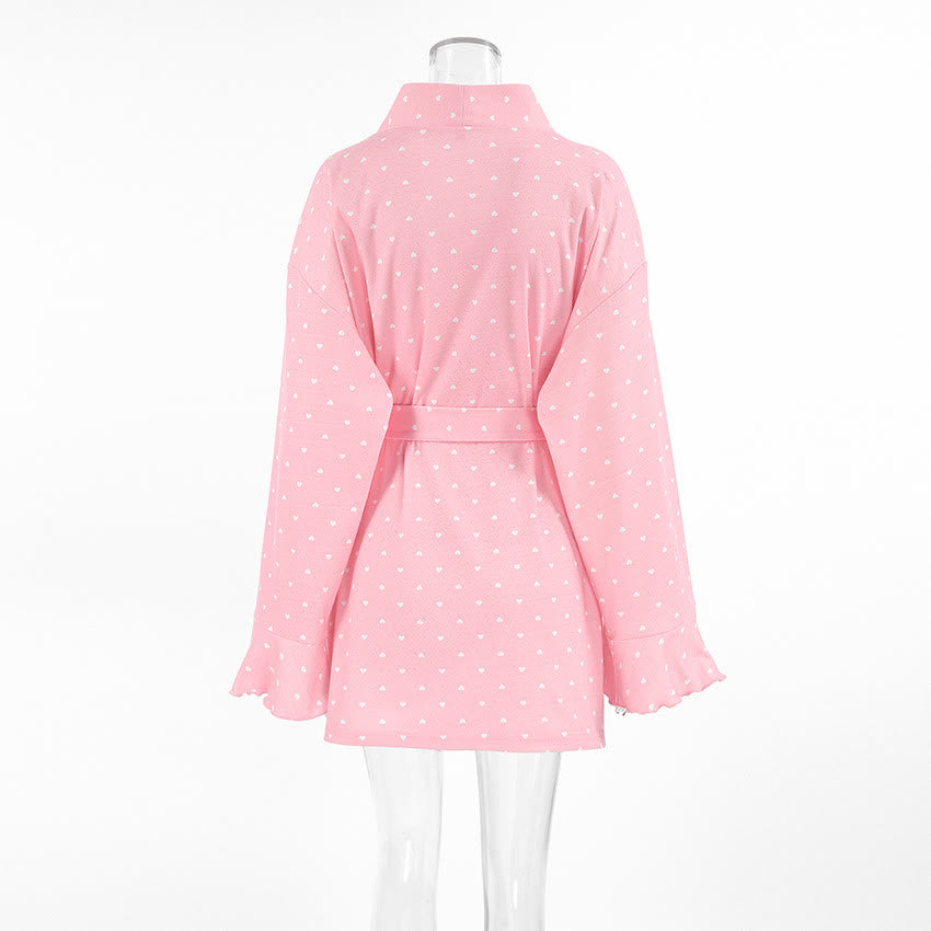 Heart Print Ruffle Knit Pajama Robe