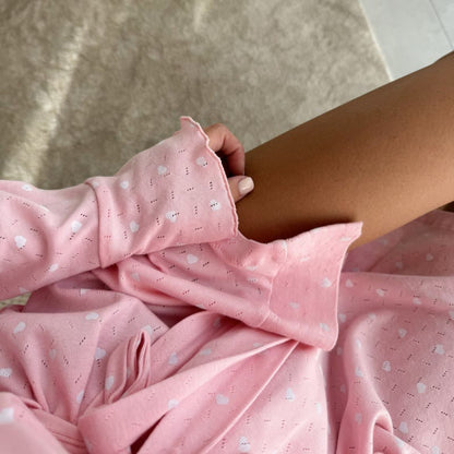 Heart Print Ruffle Knit Pajama Robe
