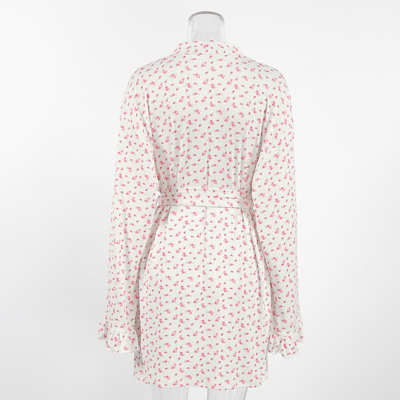Floral Print Ruffle Knit Pajama Robe