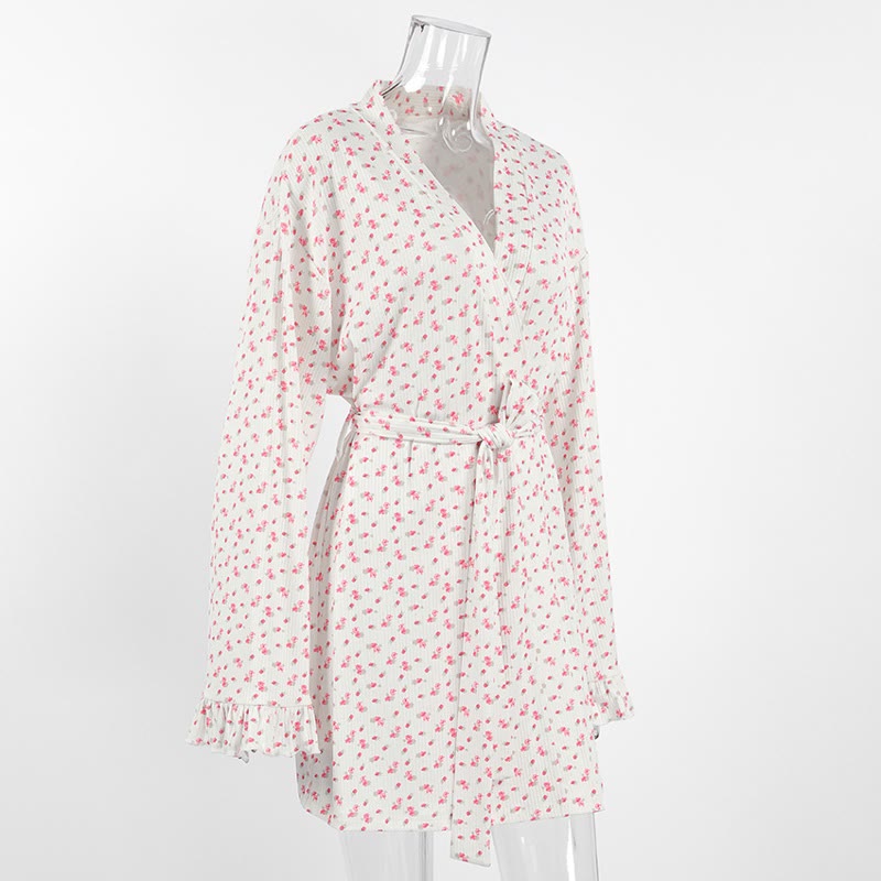 Floral Print Ruffle Knit Pajama Robe