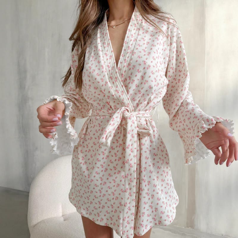Floral Print Ruffle Knit Pajama Robe