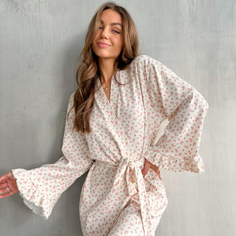 Floral Print Ruffle Knit Pajama Robe