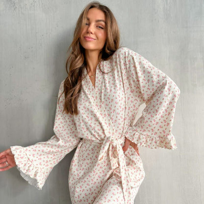 Floral Print Ruffle Knit Pajama Robe