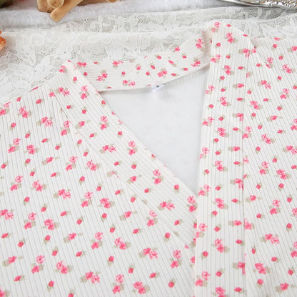 Floral Print Ruffle Knit Pajama Robe