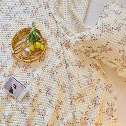 Floral Cotton Gauze Waffle Weave Quilt Blanket