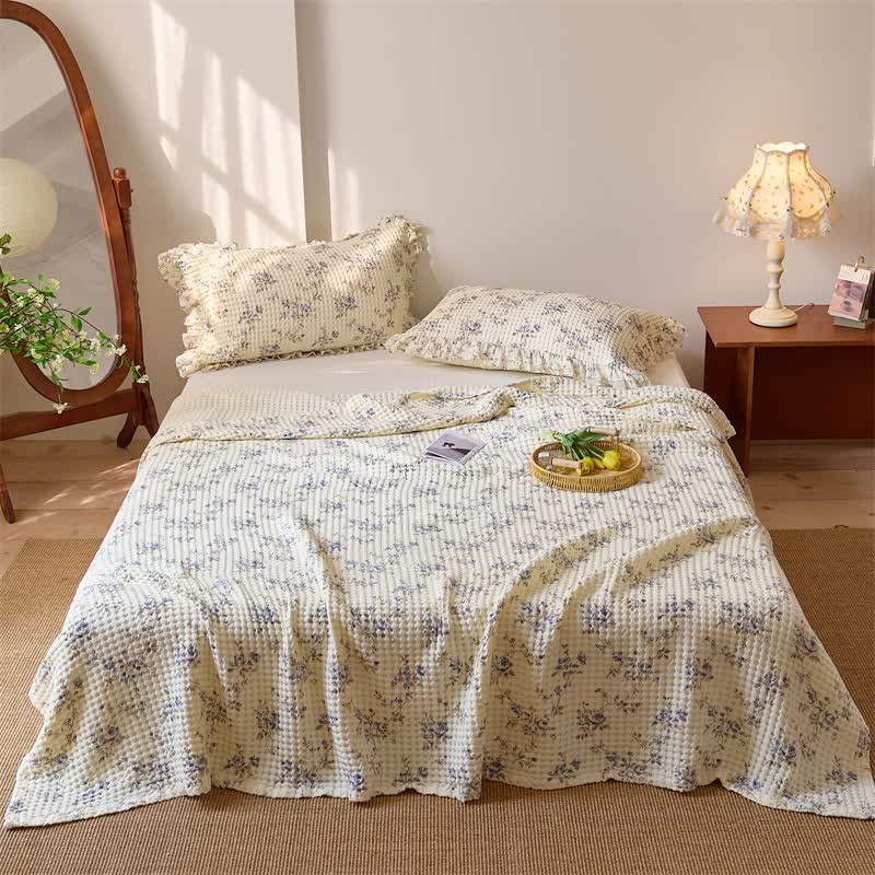 Floral Cotton Gauze Waffle Weave Quilt Blanket