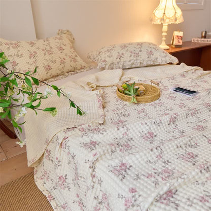 Floral Cotton Gauze Waffle Weave Quilt Blanket