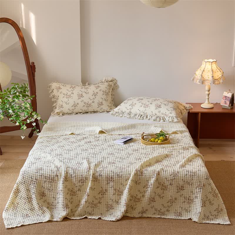 Floral Cotton Gauze Waffle Weave Quilt Blanket