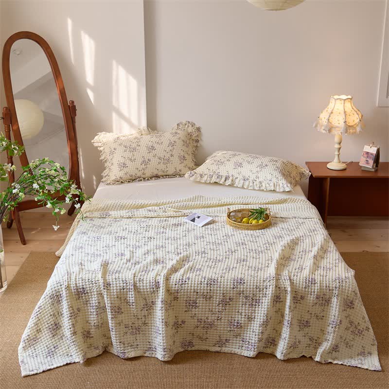 Floral Cotton Gauze Waffle Weave Quilt Blanket
