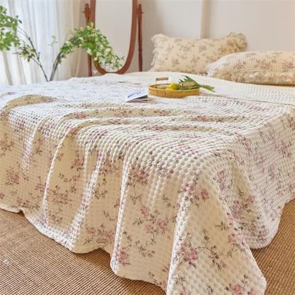 Floral Cotton Gauze Waffle Weave Quilt Blanket