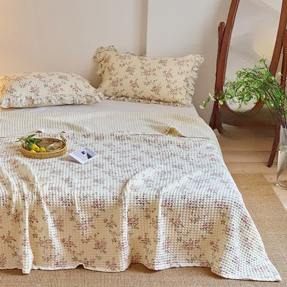 Floral Cotton Gauze Waffle Weave Quilt Blanket