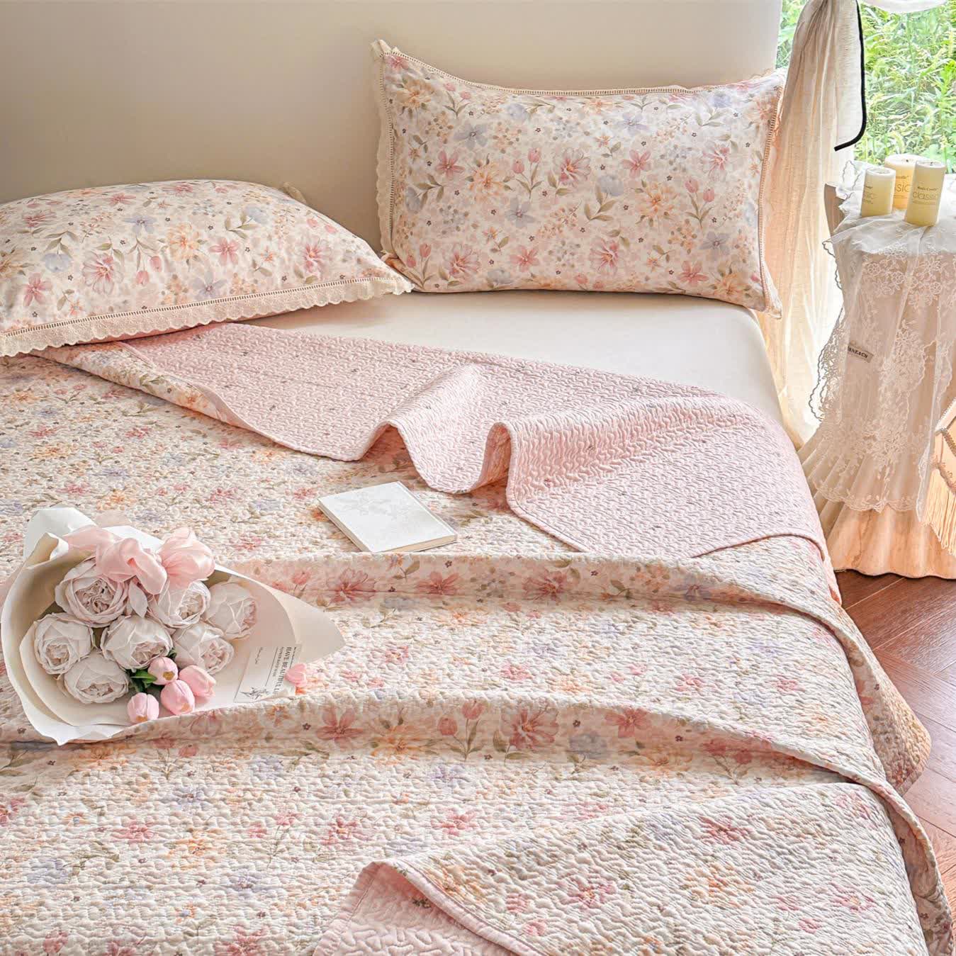 French Country Floral Quilted Cotton Bedspread